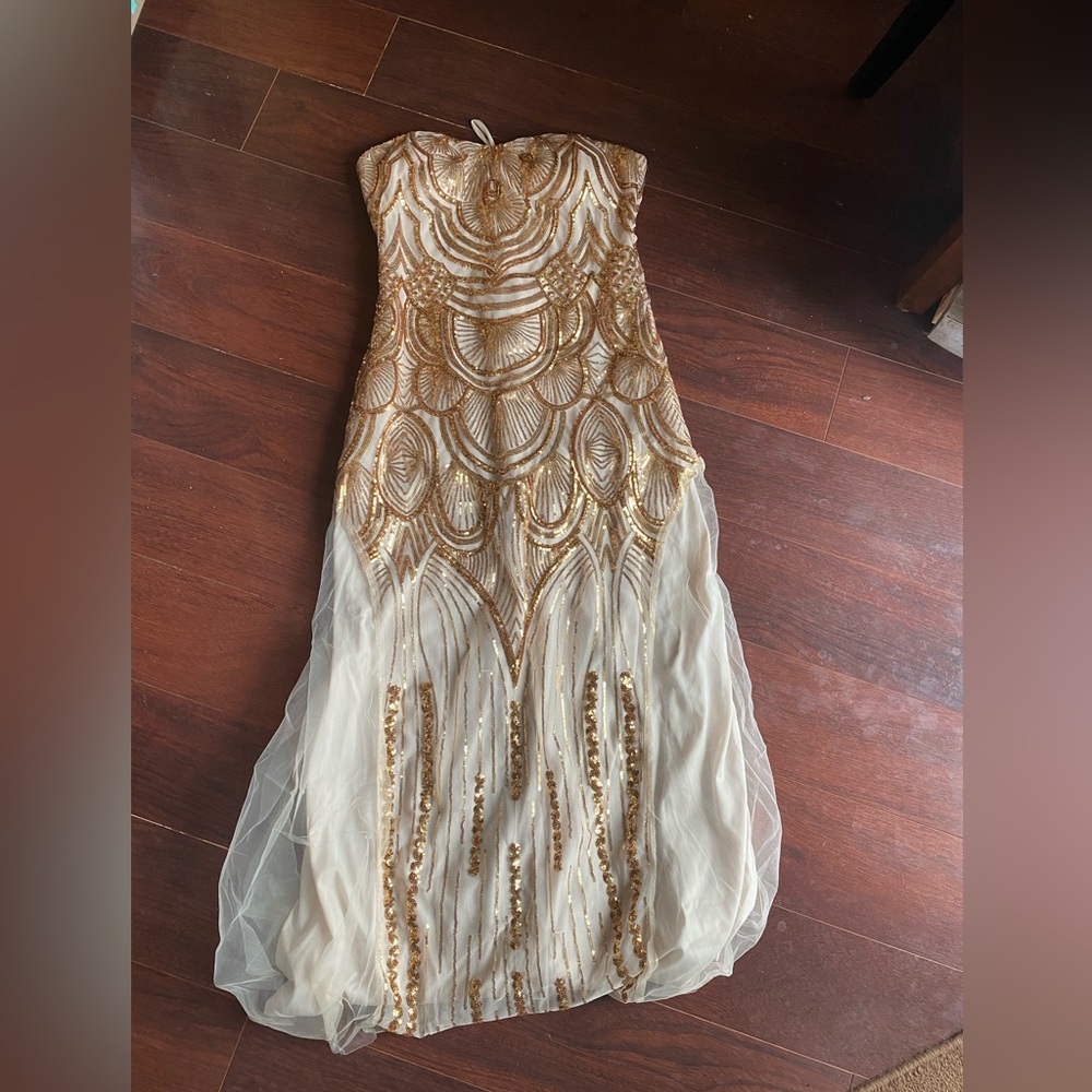 Women’s wedding, formal dress. Cream color with gold sequins size M